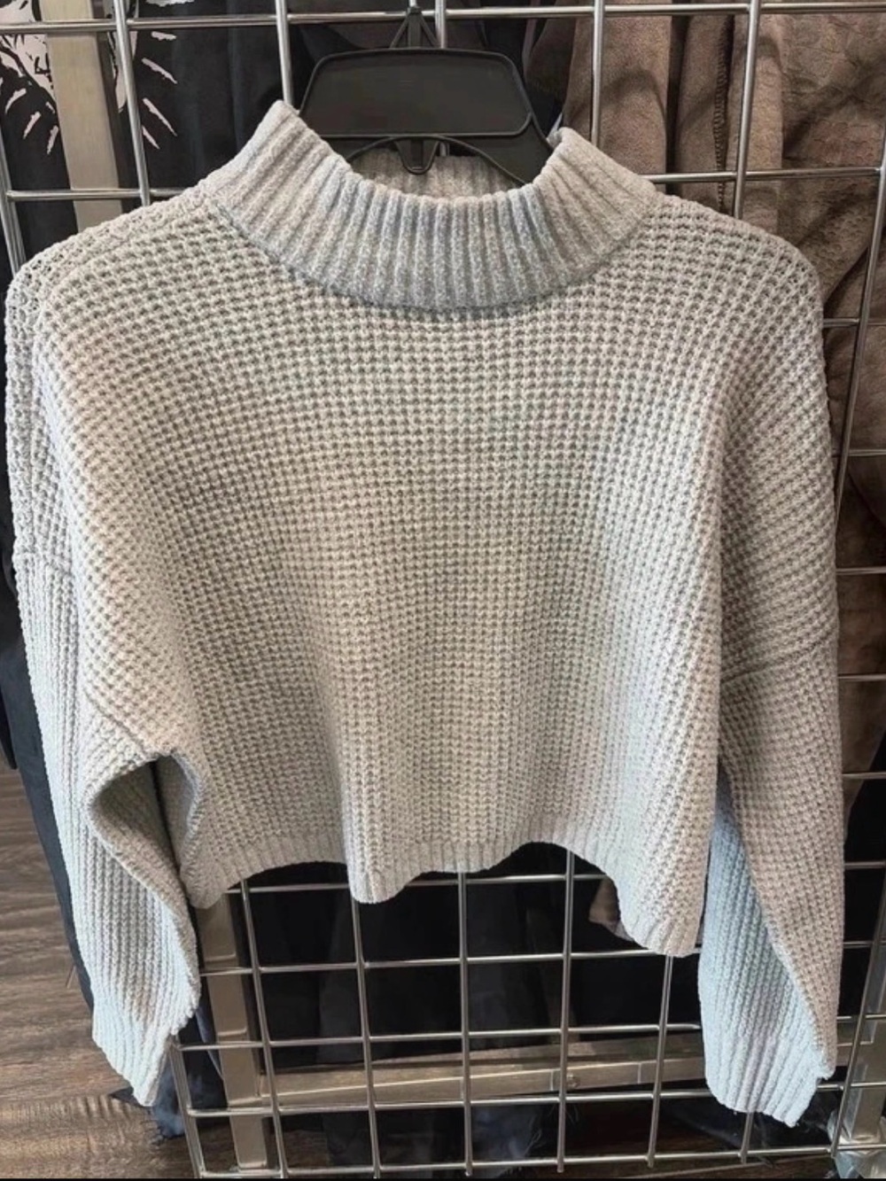 Hollister Light Gray Waffle-Knit Cropped Turtleneck Sweater